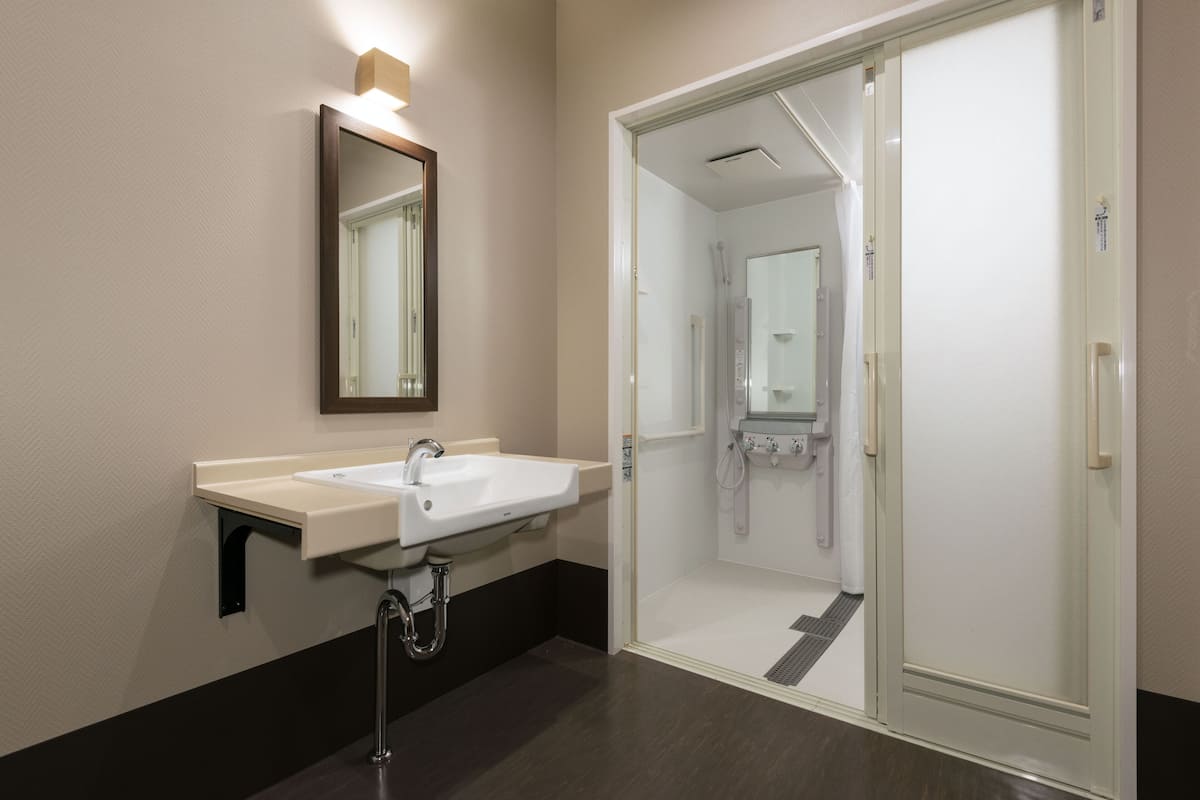 accessible twin room | bathroom | free toiletries, hair dryer, slippers, bidet