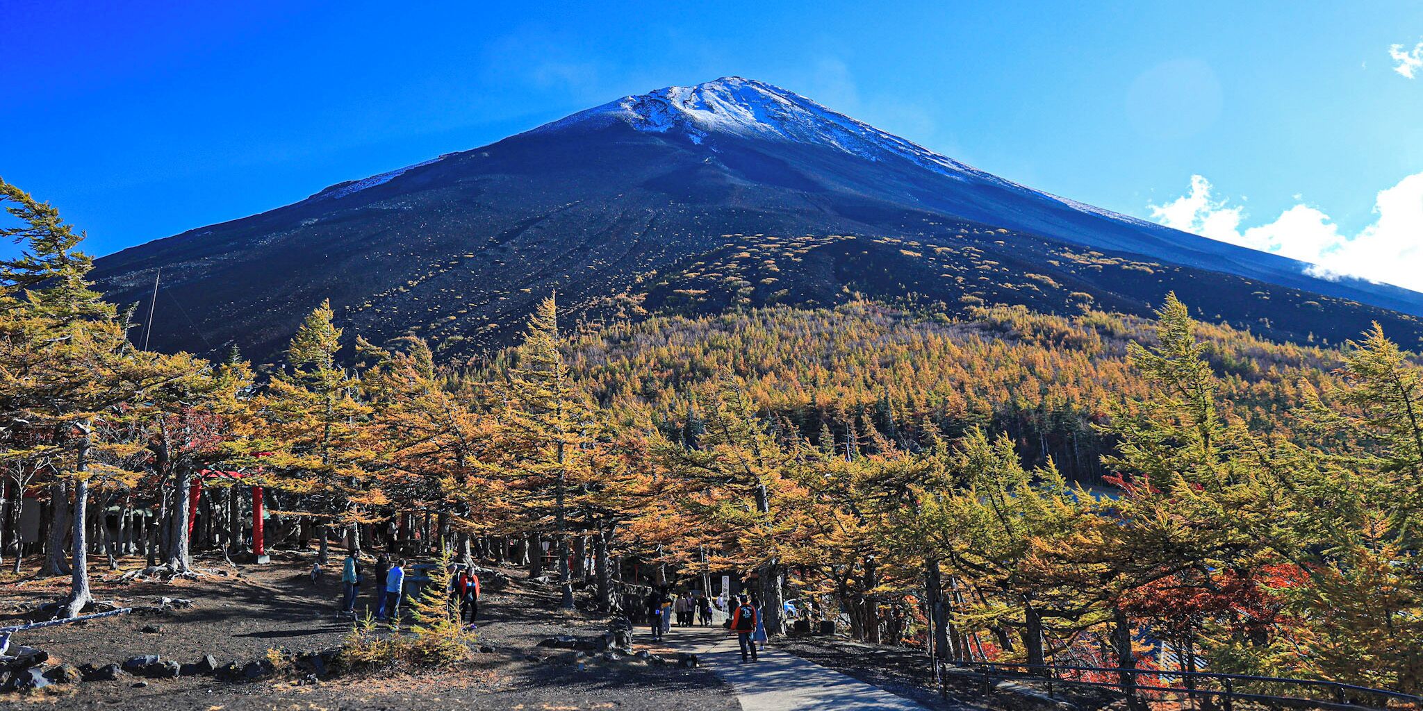 A mountain with a clear sky, surrounded by autumn-colored trees and a path with people walking.