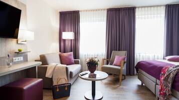 Minibar, desk, laptop workspace, blackout curtains