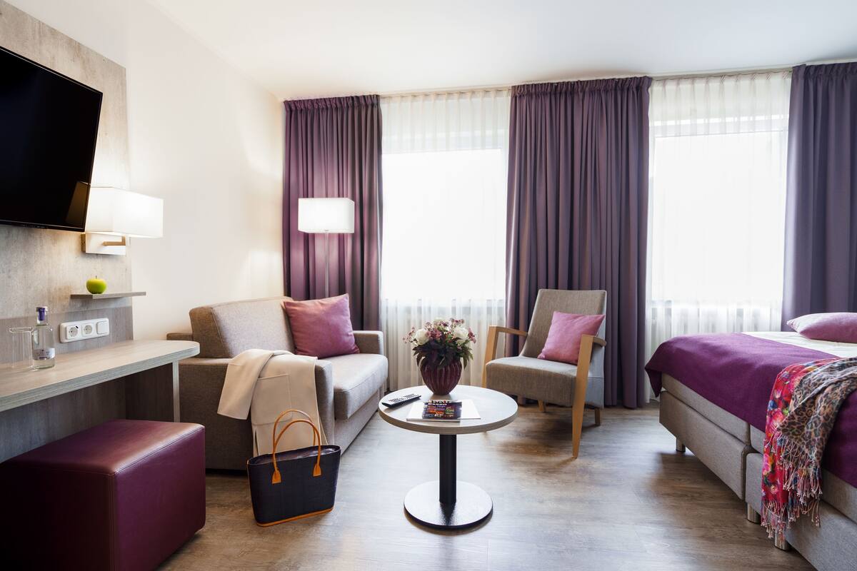 Une chambre d’hôtel équipée d’une télévision à écran plat, d’un canapé, d’un fauteuil, d’un lit, d’une petite table avec un vase et d’une fenêtre avec des rideaux.