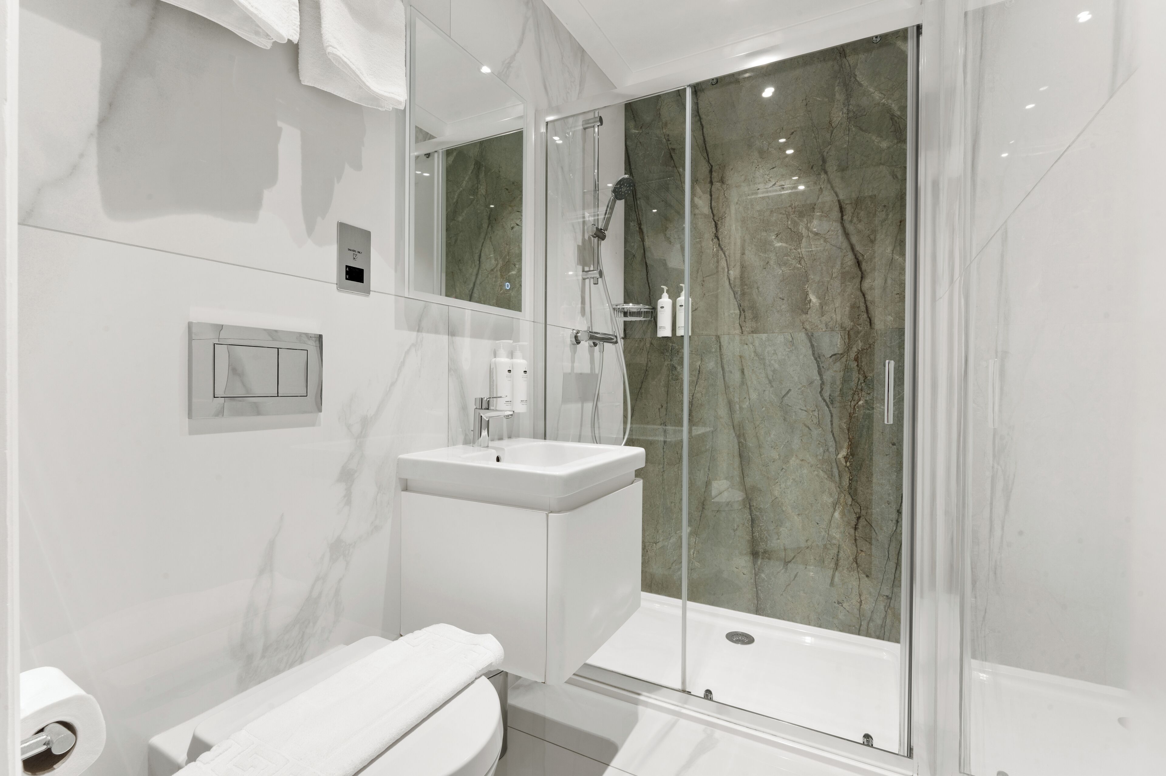 A modern bathroom with a glass-enclosed shower, a white sink, and a toilet.