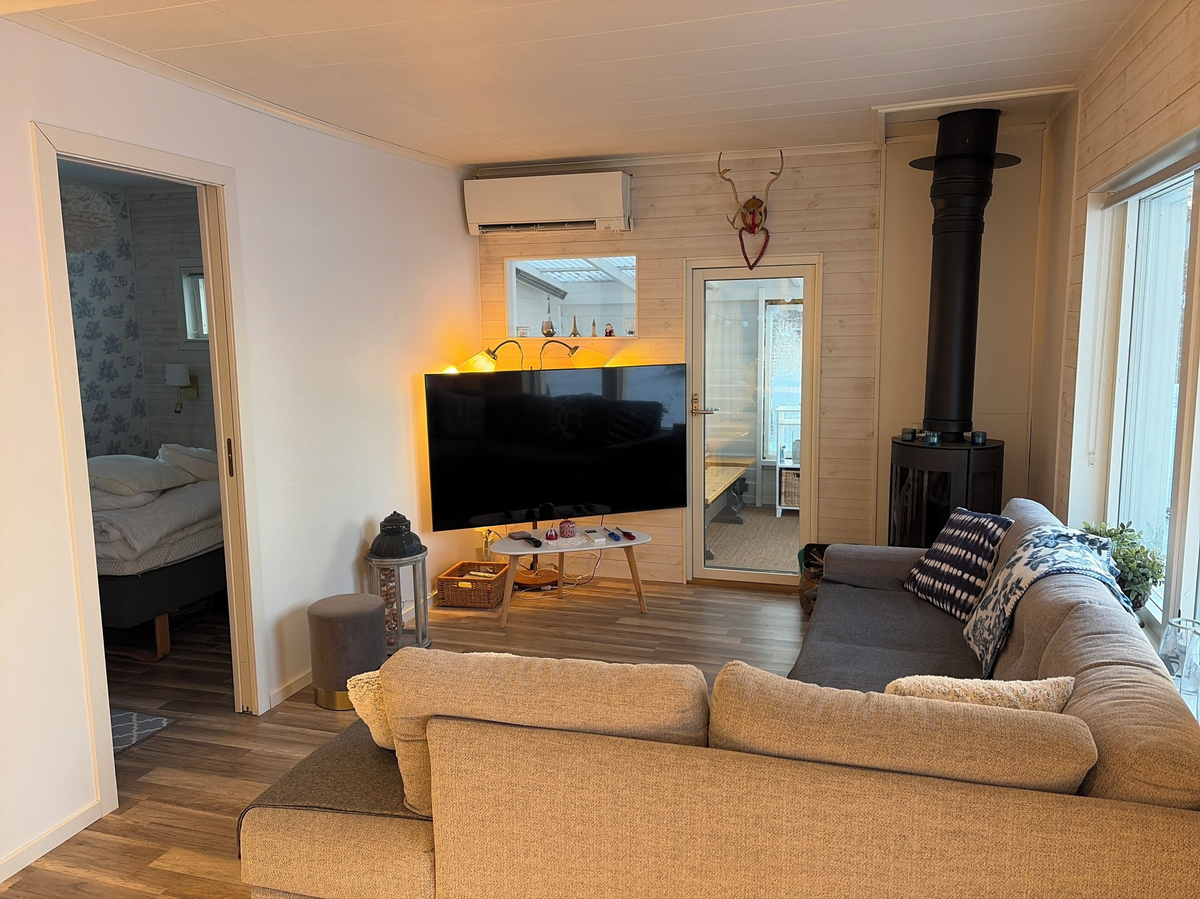 TV, fireplace, books