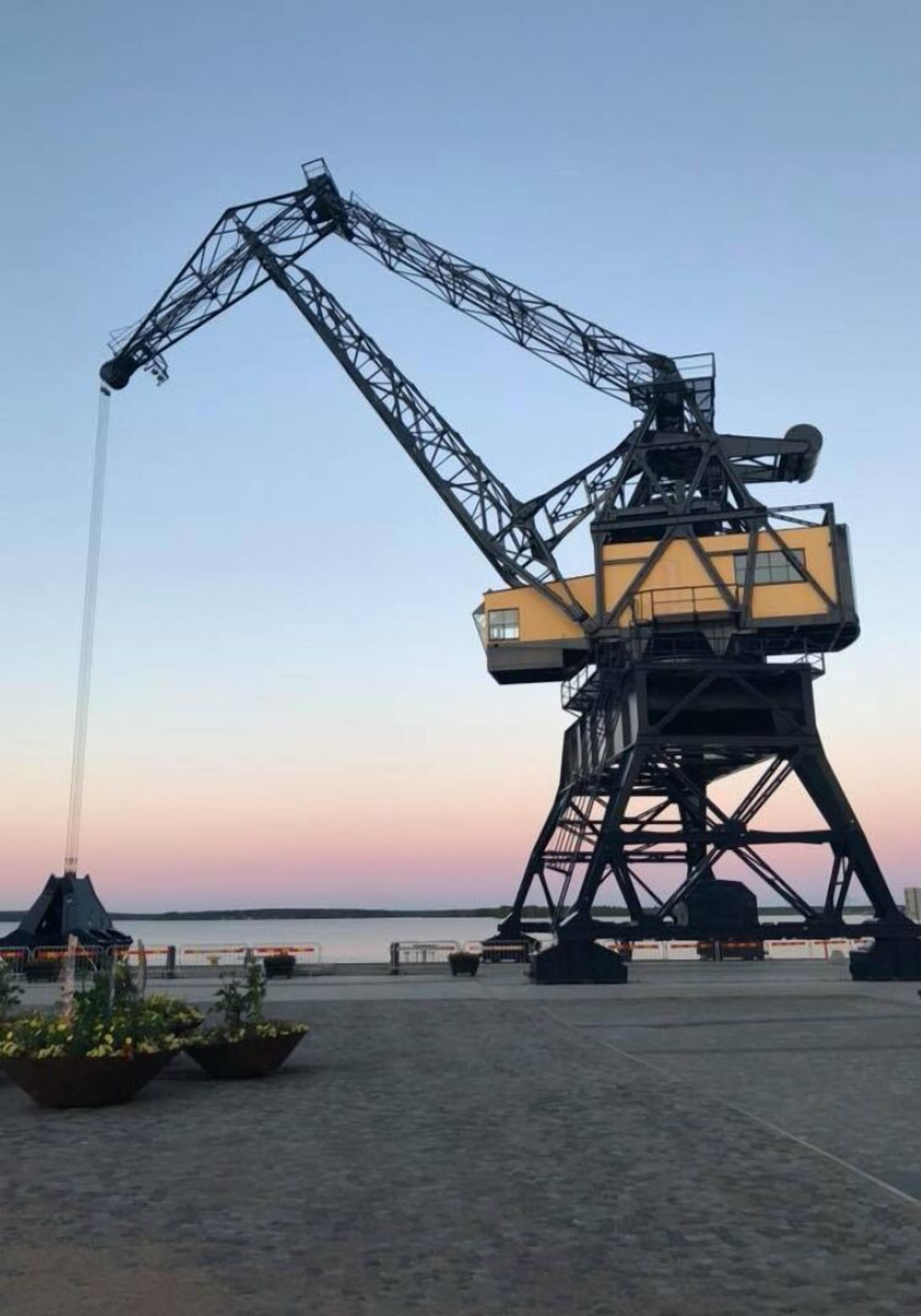 Een grote industriële kraan met een gele cabine, gelegen op een verhard gebied met potplanten.