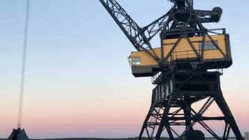 Een grote industriële kraan met een gele cabine, gelegen op een verhard gebied met potplanten.