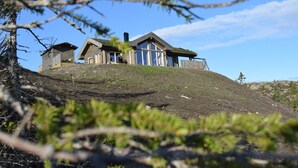 Ein modernes Haus auf einer Hügelkuppe mit großen Fenstern und einer Holzfassade.