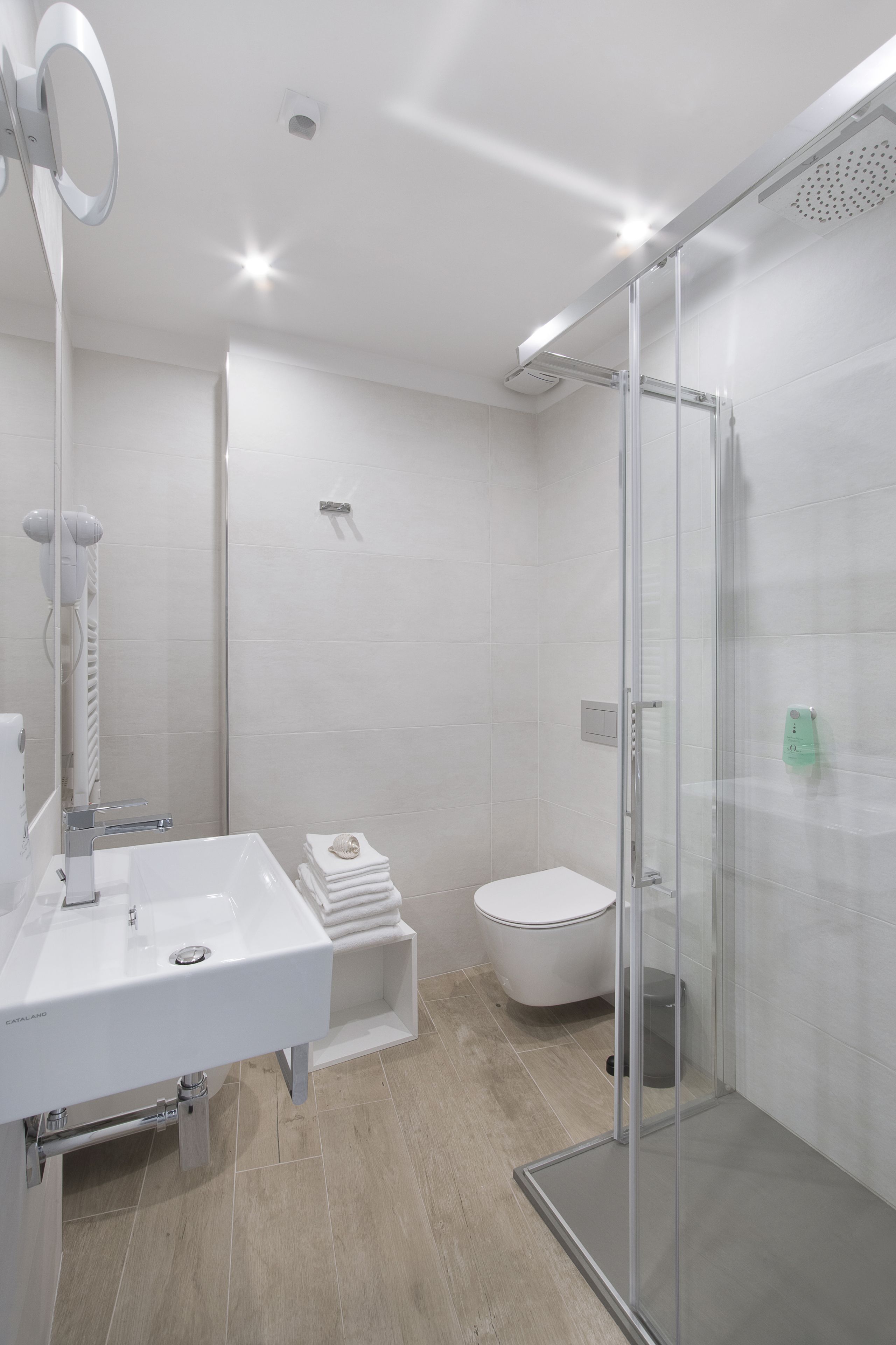 A modern bathroom with a glass shower enclosure, a white sink, and a toilet.