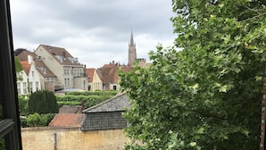 Uitzicht op een rivier met gebouwen en een toren op de achtergrond.