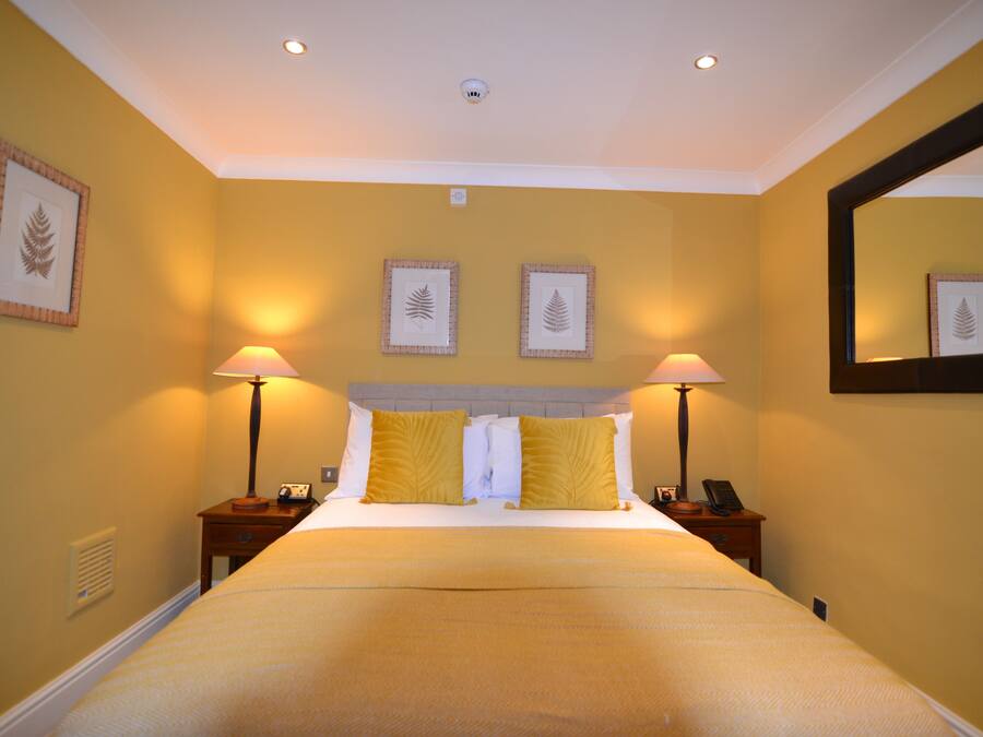 Habitación de hotel con una cama, dos lámparas de noche, una mesita de noche con un teléfono y cuadros con hojas en las paredes.