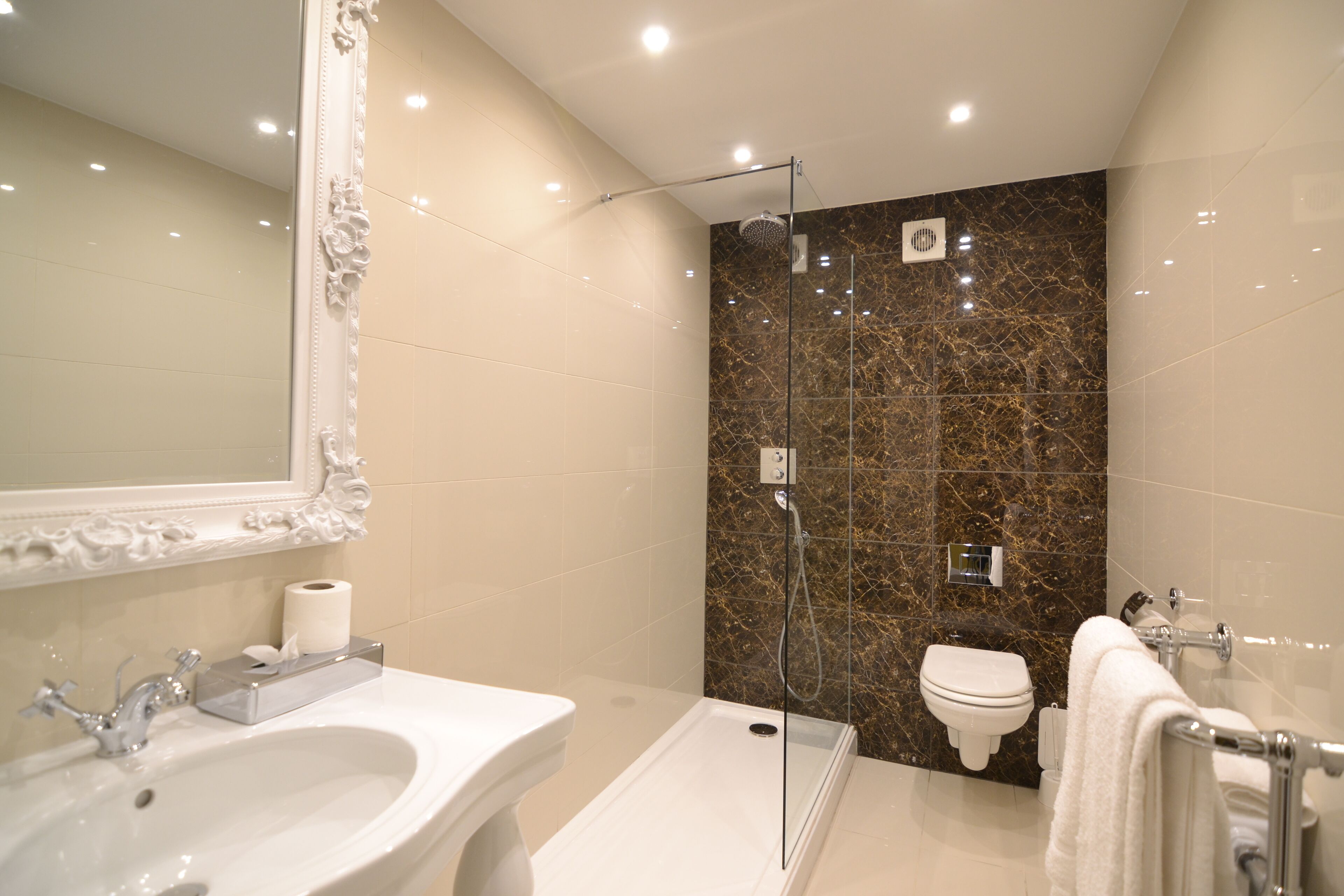 combined shower/bathtub, free toiletries, hair dryer, towels