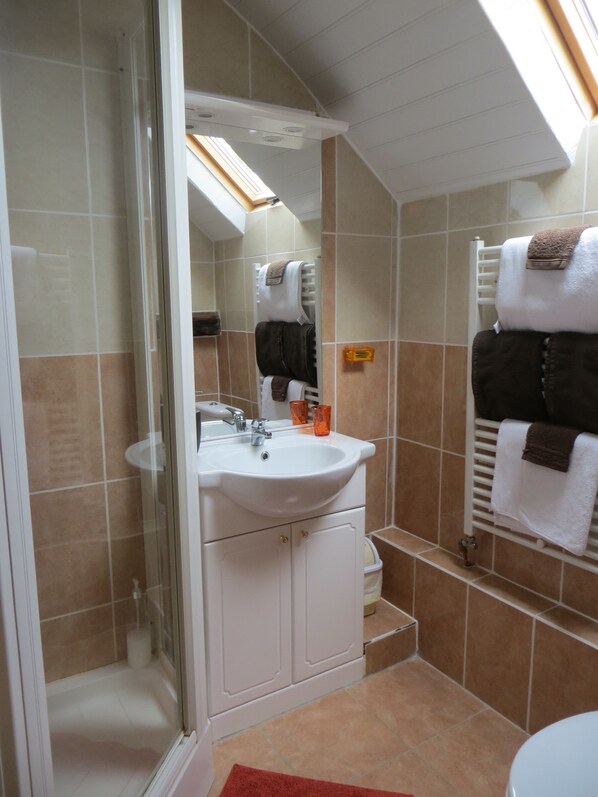 A bathroom with a glass shower enclosure, a white sink with a mirror, and a towel rack with towels. - Chambres d'hotes Domaine de l'Isle (Avaray)