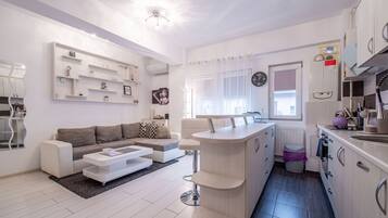 Deluxe studio | Woonkamer | Ledtelevisie, een videogameconsole, Netflix en een dvd-speler