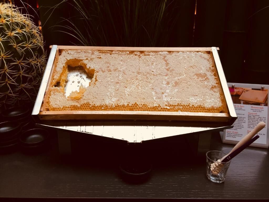 A honeycomb frame with honeycomb frames on a table.