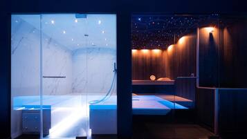 Couples treatment rooms, sauna, hot tub, steam room, hot stone massages