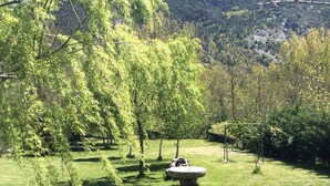 Un jardin avec un banc en pierre, entouré d’une végétation luxuriante et d’arbres.