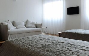 A minimalist bedroom with a grey sofa, two single beds, a TV mounted on the wall, and a window with sheer curtains. - Pianderna Agriwellness (Scandiano)