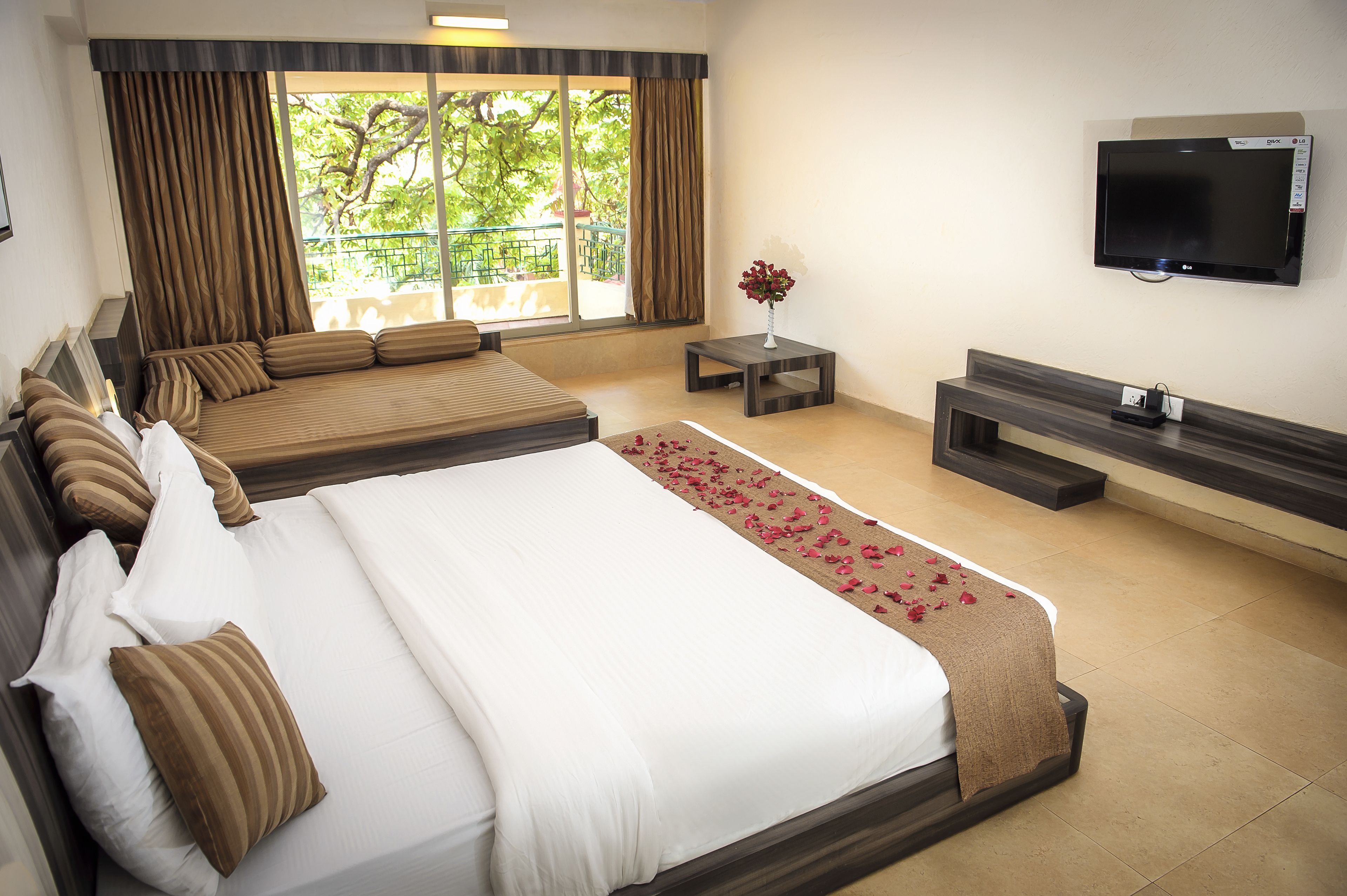 Habitación de hotel con una cama grande, un sofá cama, un televisor y vistas al exterior.