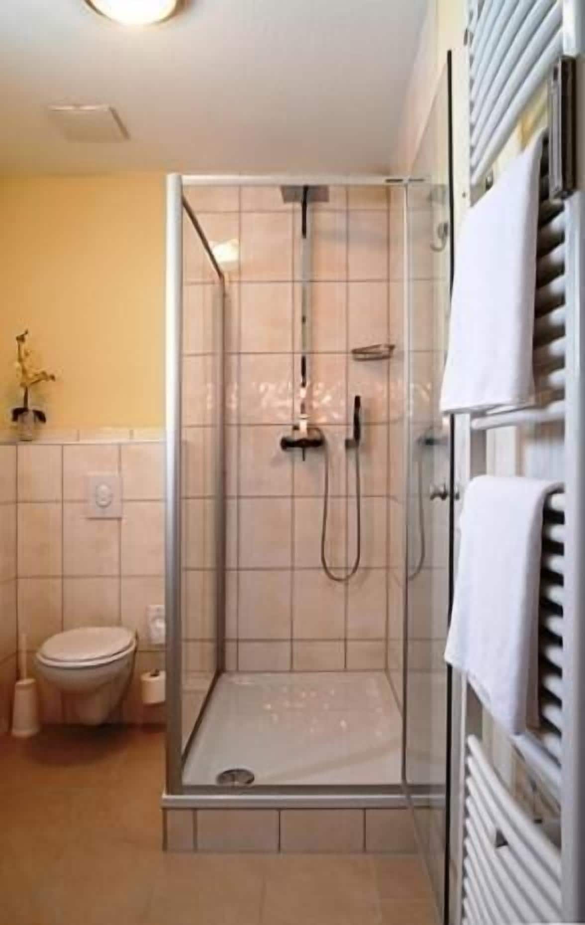 classic double room | bathroom | shower, free toiletries, hair dryer, slippers