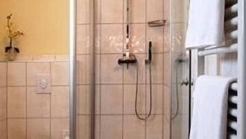 A small, modern bathroom with a glass-enclosed shower, a toilet, and a towel rack.
