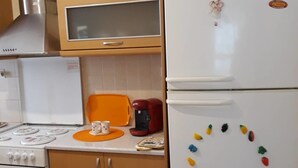 A kitchen with a Bosch refrigerator, a stove, and cabinets. - Villa near Athens Airport & Rafina (Spata-Artemida)
