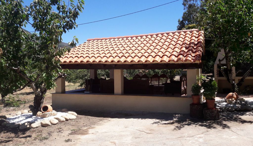 A small building with a tiled roof, surrounded by trees and potted plants.