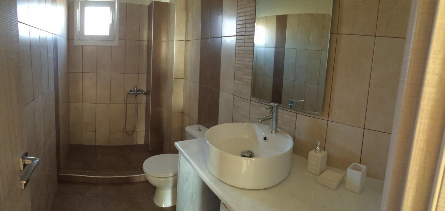 A modern bathroom with a walk-in shower, a toilet, and a sink with a mirror above it.