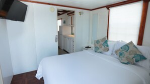 Une chambre à coucher comprenant un lit, des oreillers, une télévision, une fenêtre et une porte donnant sur la cuisine.