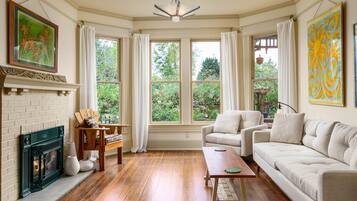 Televisión, chimenea, reproductor de DVD y libros