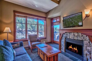 Smart-tv, een open haard, een dvd-speler en boeken