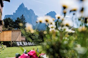 A wooden building with a garden and a mountain view. - Activehotel Diana (Castelrotto)