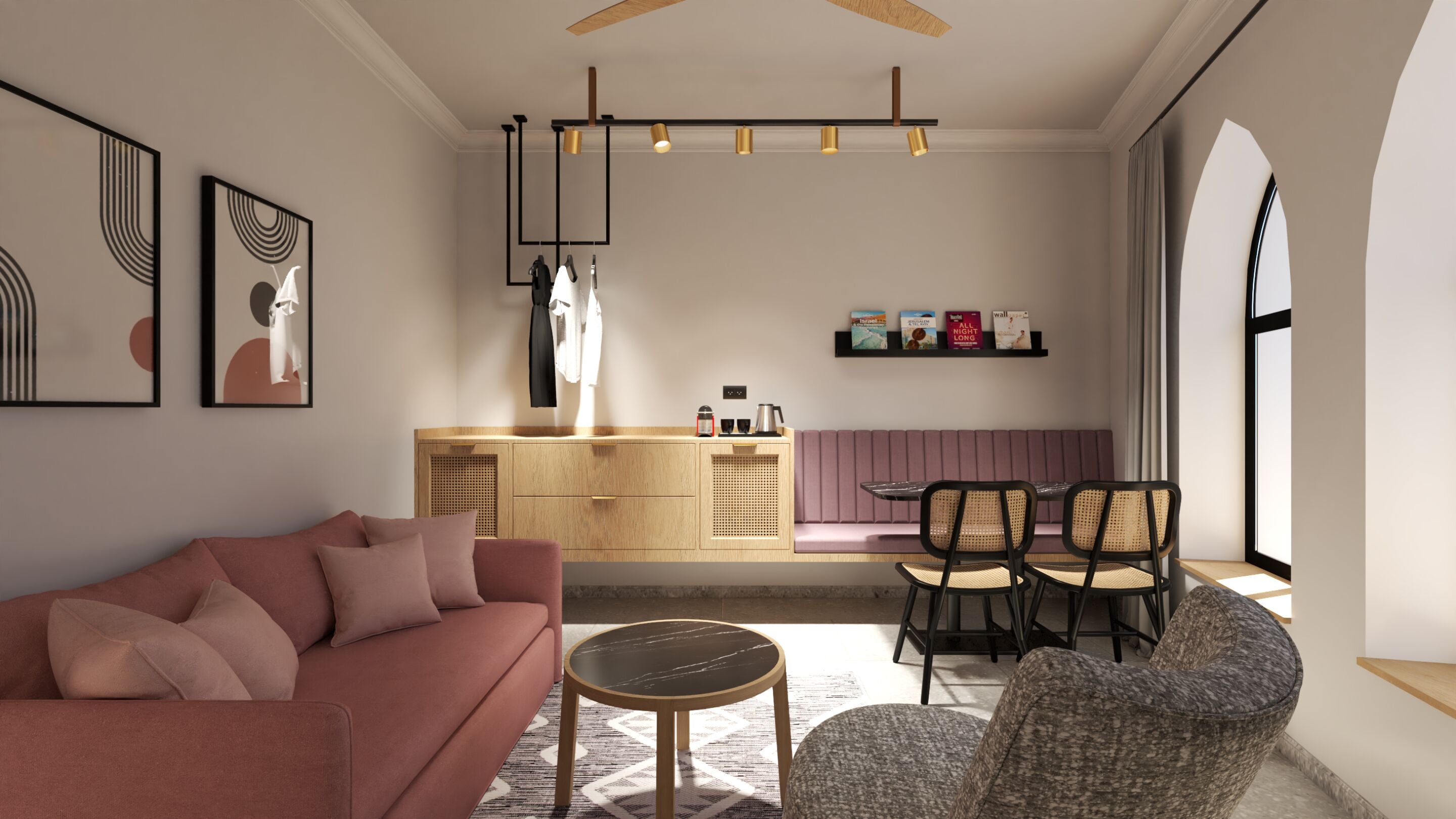 Uma sala de estar moderna com sofá, cadeiras, uma mesa de centro e uma área de cozinha com um banco.