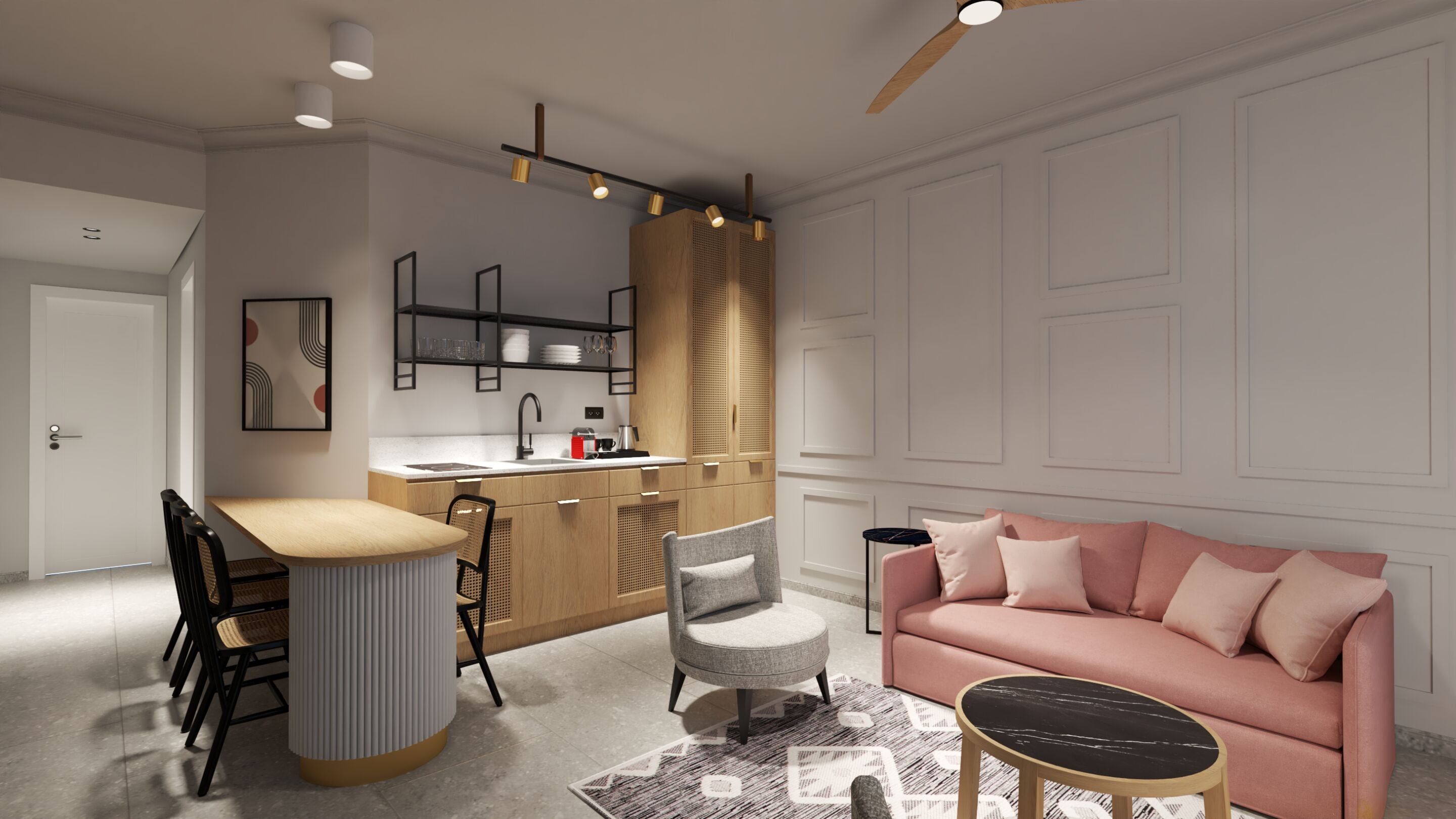 Una cocina moderna con una isla central, un comedor con una mesa redonda y sillas, y una sala de estar con un sofá y una mesita de centro.