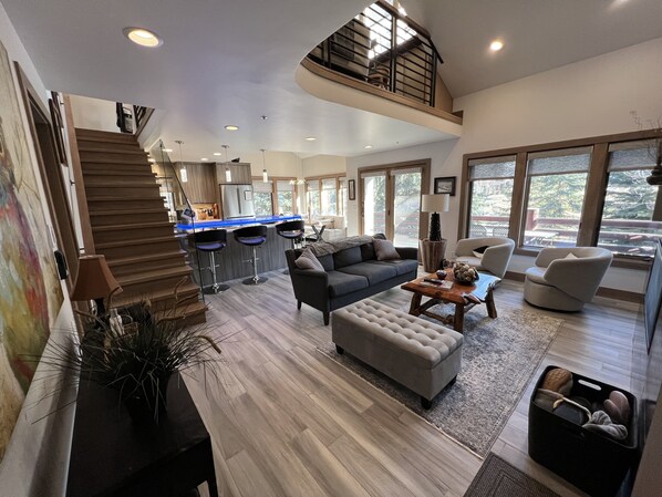 Televisio, takka, DVD-soitin, kirjoja