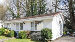 A single-story house with a stone foundation, white exterior, and a tiled roof. There are three windows on the front, each with a white frame and a small overhang. The house is surrounded by a well-maintained lawn and a few bushes. - No. 1 The Heathers (Liskeard)