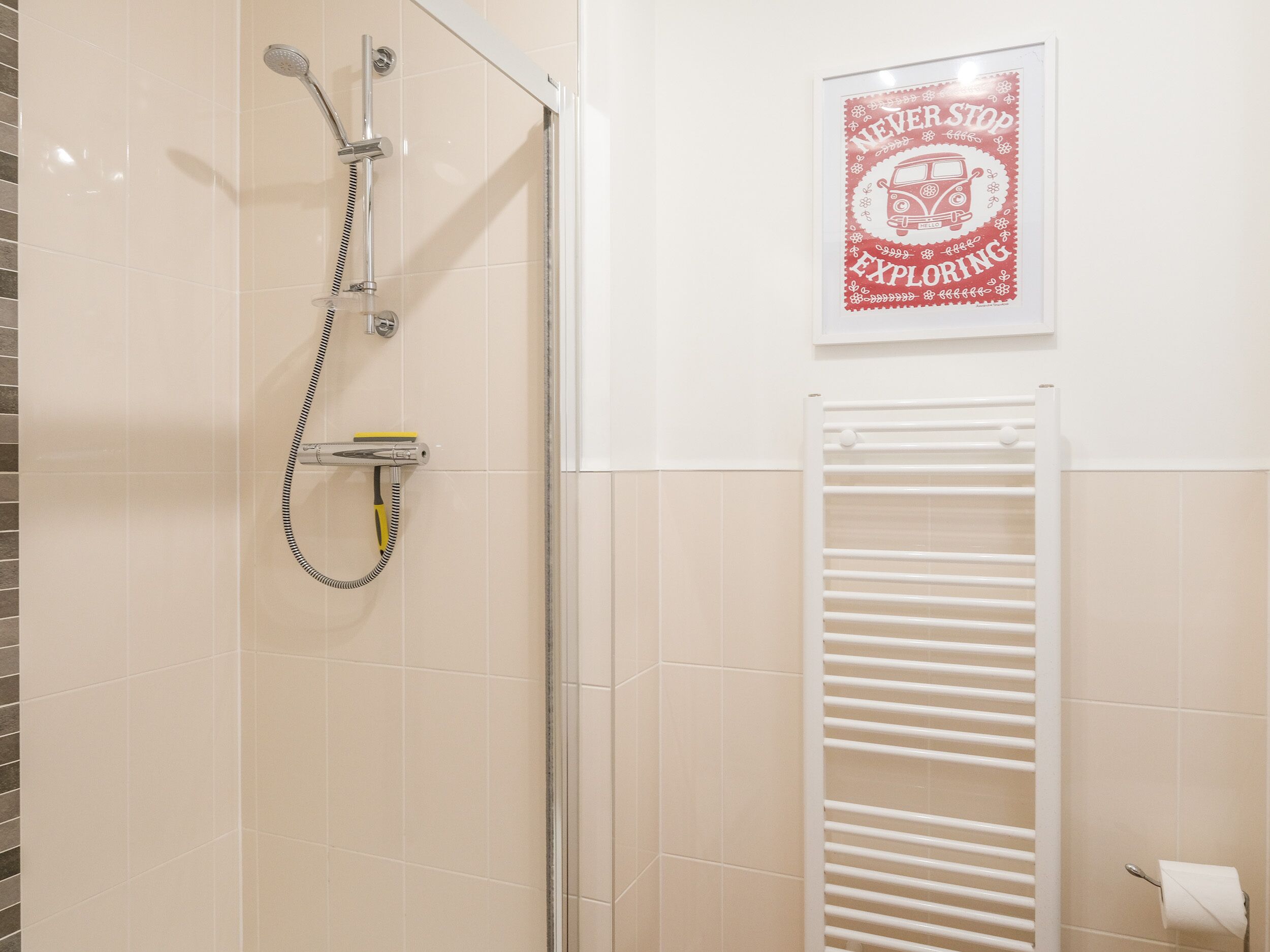 Ein Badezimmer mit Dusche, Handtuchhalter und einem Bild an der Wand.