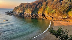 A coastal landscape with a rocky shoreline, a sandy beach, and a forested hillside.