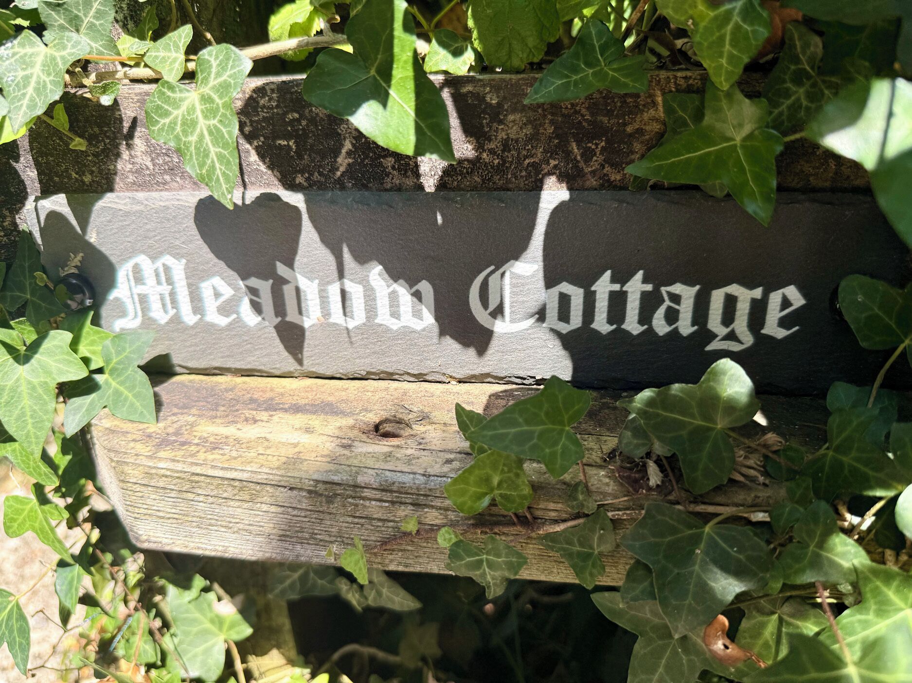 Een houten bordje met de tekst 'Meadow Cottage', omringd door klimop.