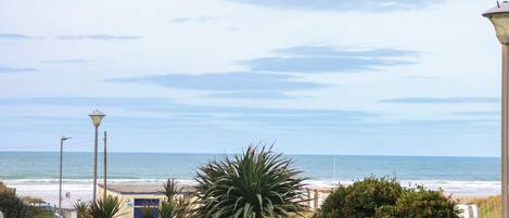 A coastal view with a beach, palm trees, and a street lamp.