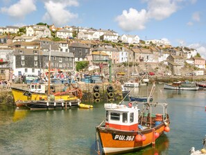 A harbor with boats, a building with a sign, and a hillside with houses.