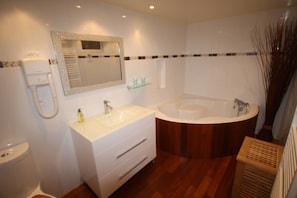 Double Room (Duplex) | Bathroom | Deep-soaking bathtub, hair dryer, towels