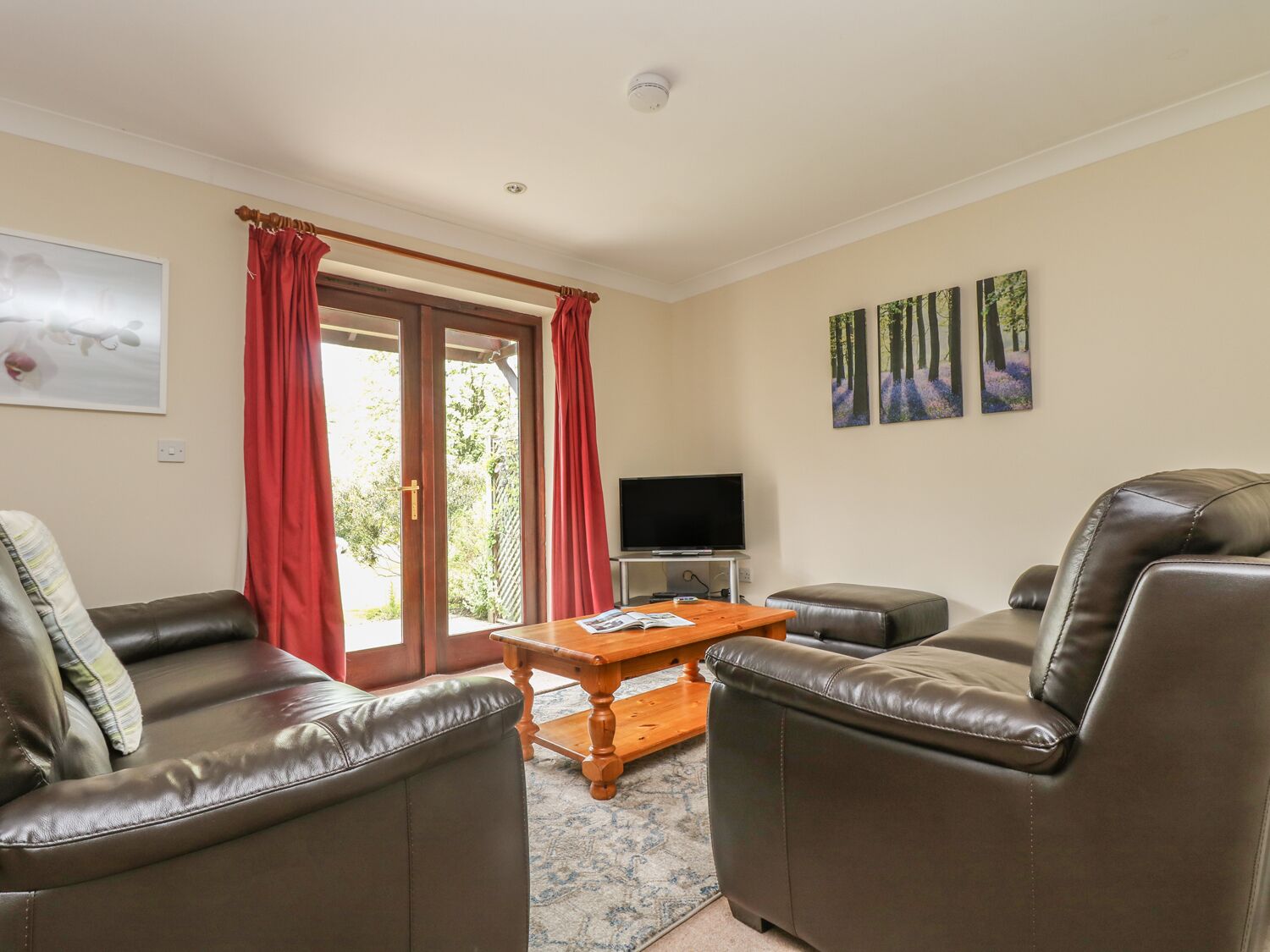 A living room with leather sofas, a wooden coffee table, a television, and a door leading to a garden.