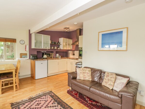 A compact living space with a kitchenette, a dining area, and a seating area. - Pembridge Cottage (Monmouth)