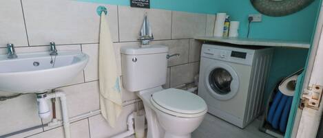 A bathroom with a sink, toilet, and washing machine.