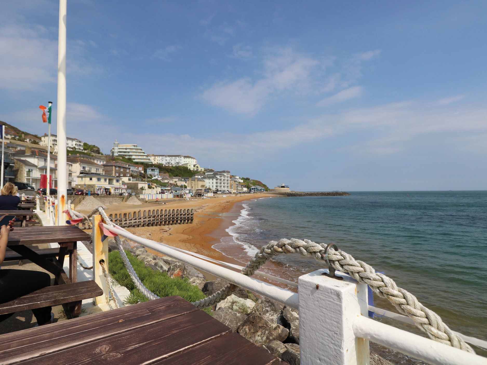 A coastal town with a beach, buildings, and a flag.