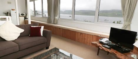 Een woonkamer met een bank, een salontafel, een tv op een houten meubelstuk, en uitzicht op een meer door grote ramen.