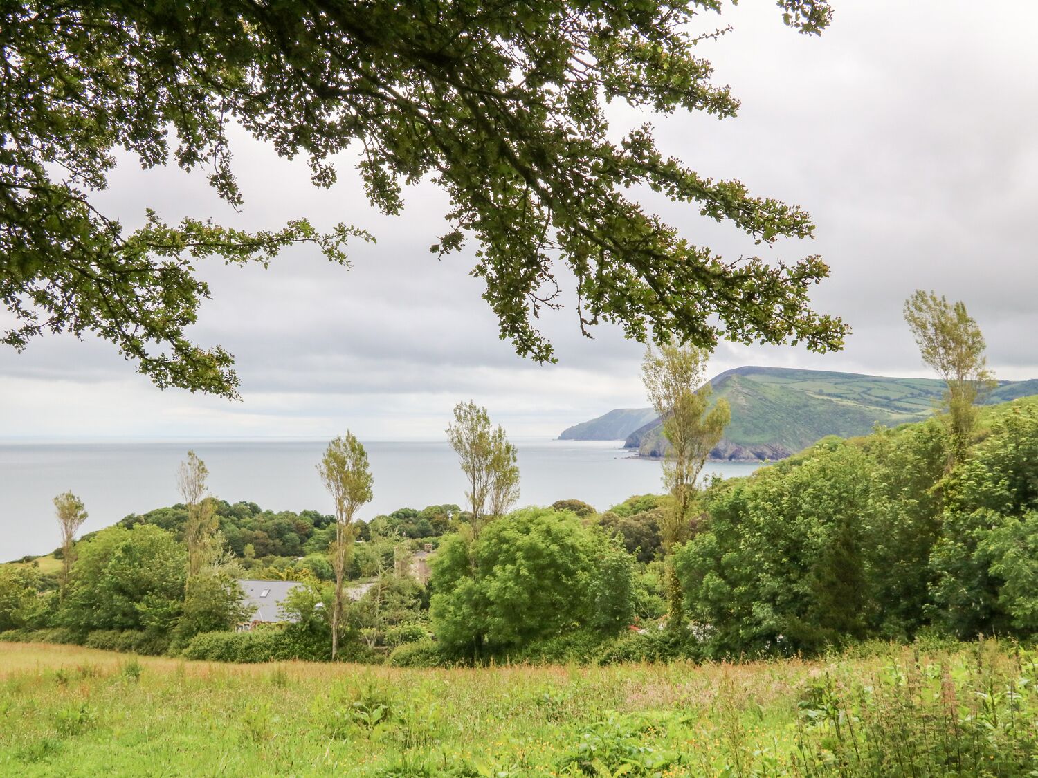 A coastal landscape with a view of the sea and hills in the background.