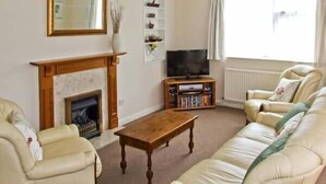 A living room with a fireplace, a television, a bookshelf, and a large window. - Matlock Green (Matlock)