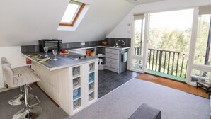 A modern kitchen with a skylight, a dining area with a bar stool, and a balcony with a view of trees. - The Stilehouse Apartment (Worcester)