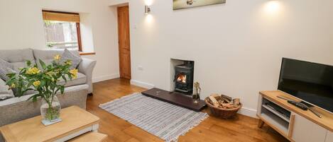A cozy living room with a fireplace, a sofa, a TV, and a dining table.