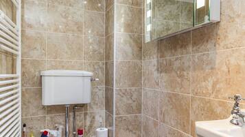 A modern bathroom with a toilet, sink, and mirror.