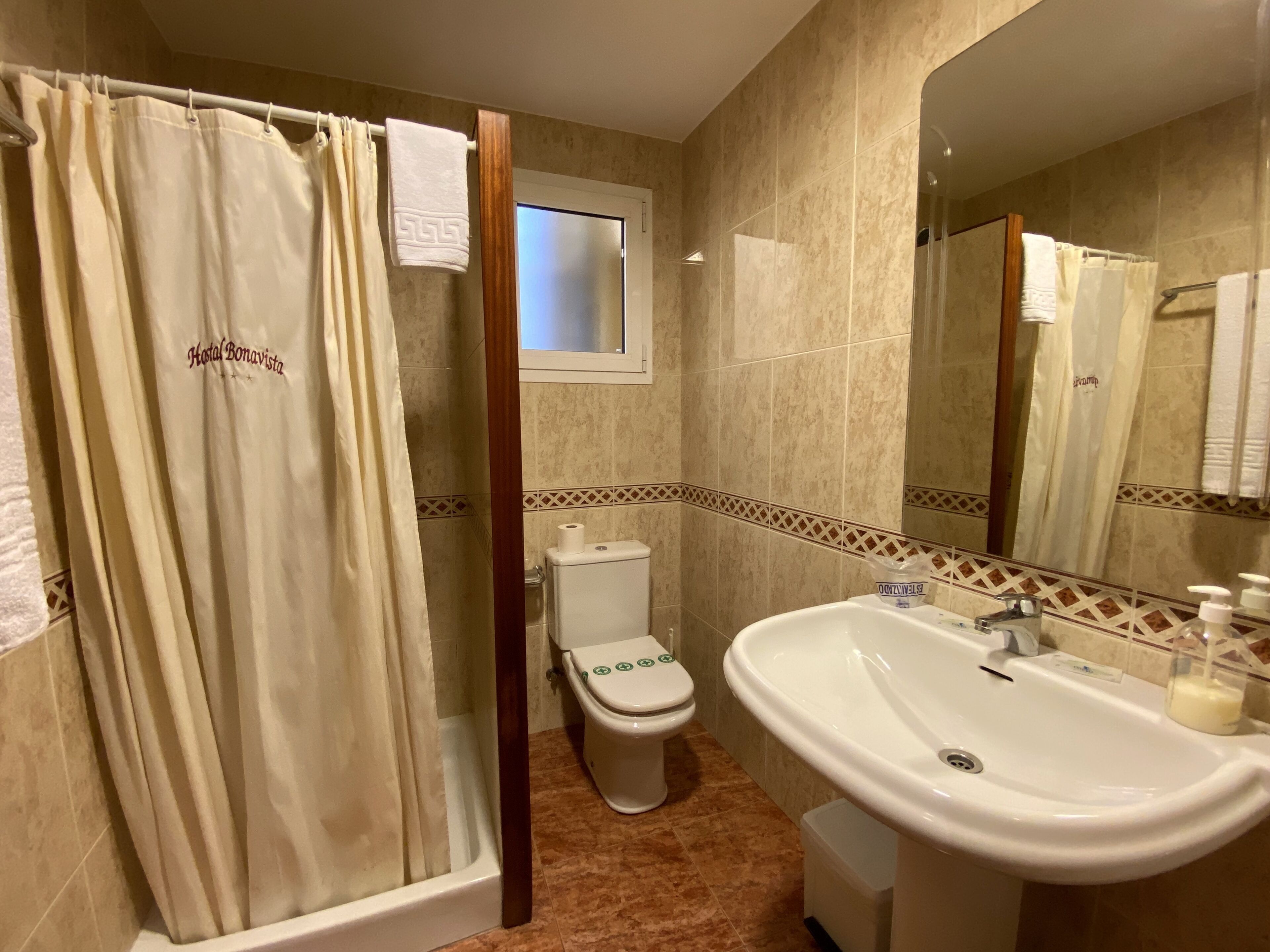 Un baño con cortina de ducha, inodoro, lavabo y espejo.